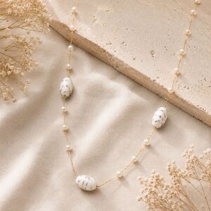 Vintage Gold Crochet Necklace with White Art Glass Beads